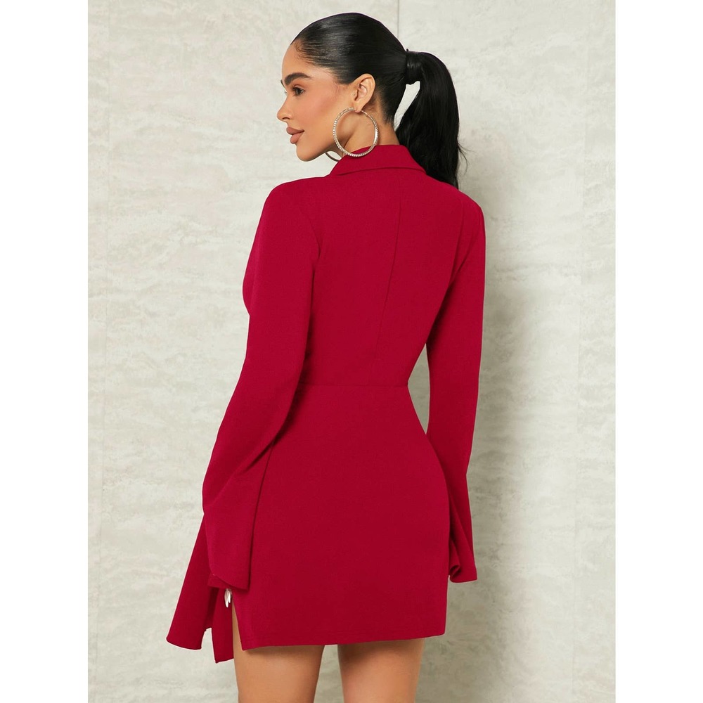 Business casual Collared Ruched v neck Wrap Hem Dress royal blue - Picture 7 of 12